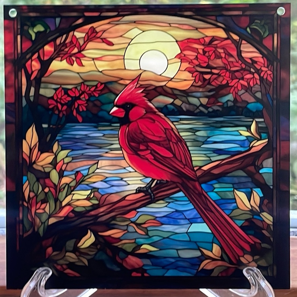 Square Acrylic Suncatcher Sunset Cardinal Bird Faux Stained Glass New Home Decor